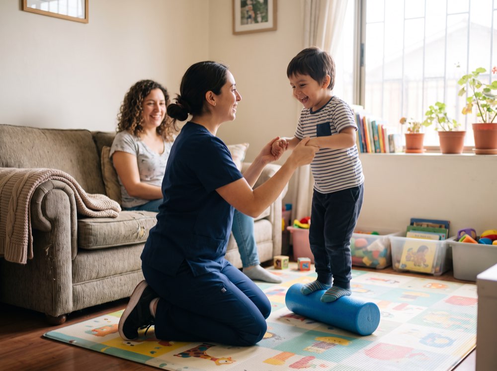 Kinesióloga realizando un ejercicio de equilibrio con un niño en su casa, mientras su mamá observa